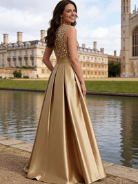 A-Line/Princess Scoop Neck Pleated Satin Evening Dresses with Sequins