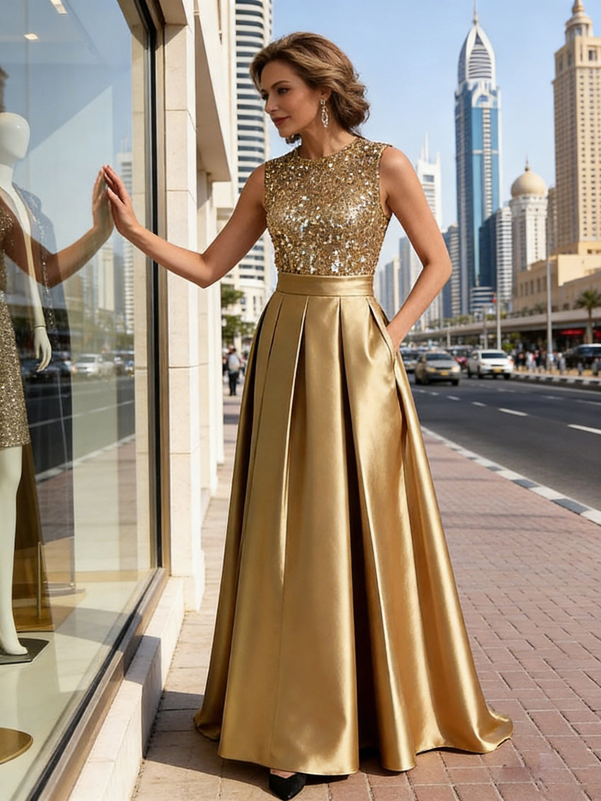 A-Line/Princess Scoop Neck Pleated Satin Evening Dresses with Sequins