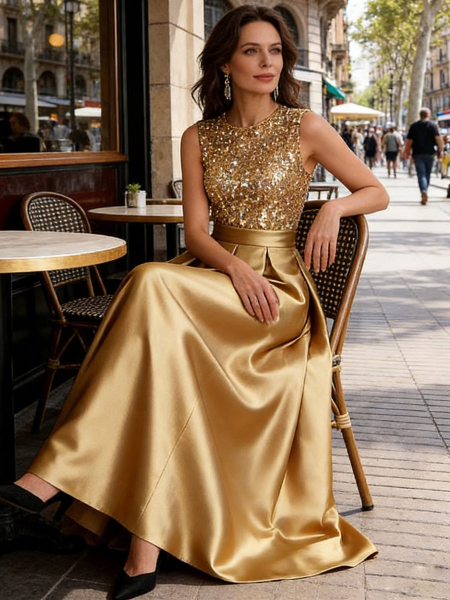 A-Line/Princess Scoop Neck Pleated Satin Evening Dresses with Sequins