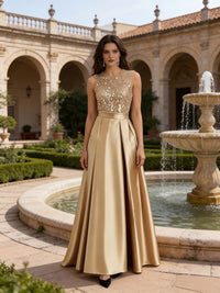 A-Line/Princess Scoop Neck Pleated Satin Evening Dresses with Sequins