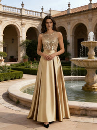 A-Line/Princess Scoop Neck Pleated Satin Evening Dresses with Sequins