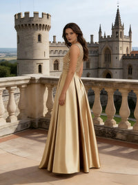 A-Line/Princess Scoop Neck Pleated Satin Evening Dresses with Sequins