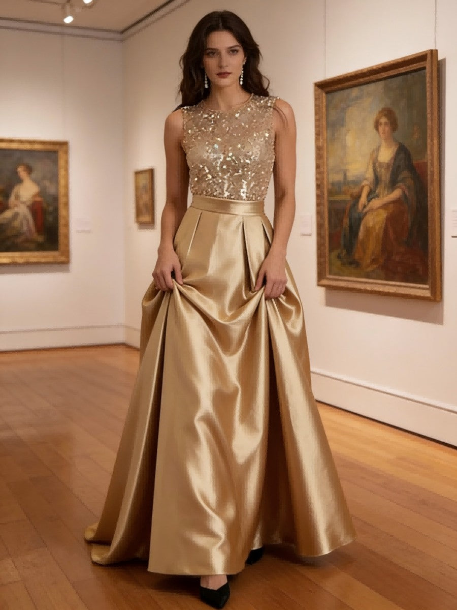 A-Line/Princess Scoop Neck Pleated Satin Evening Dresses with Sequins