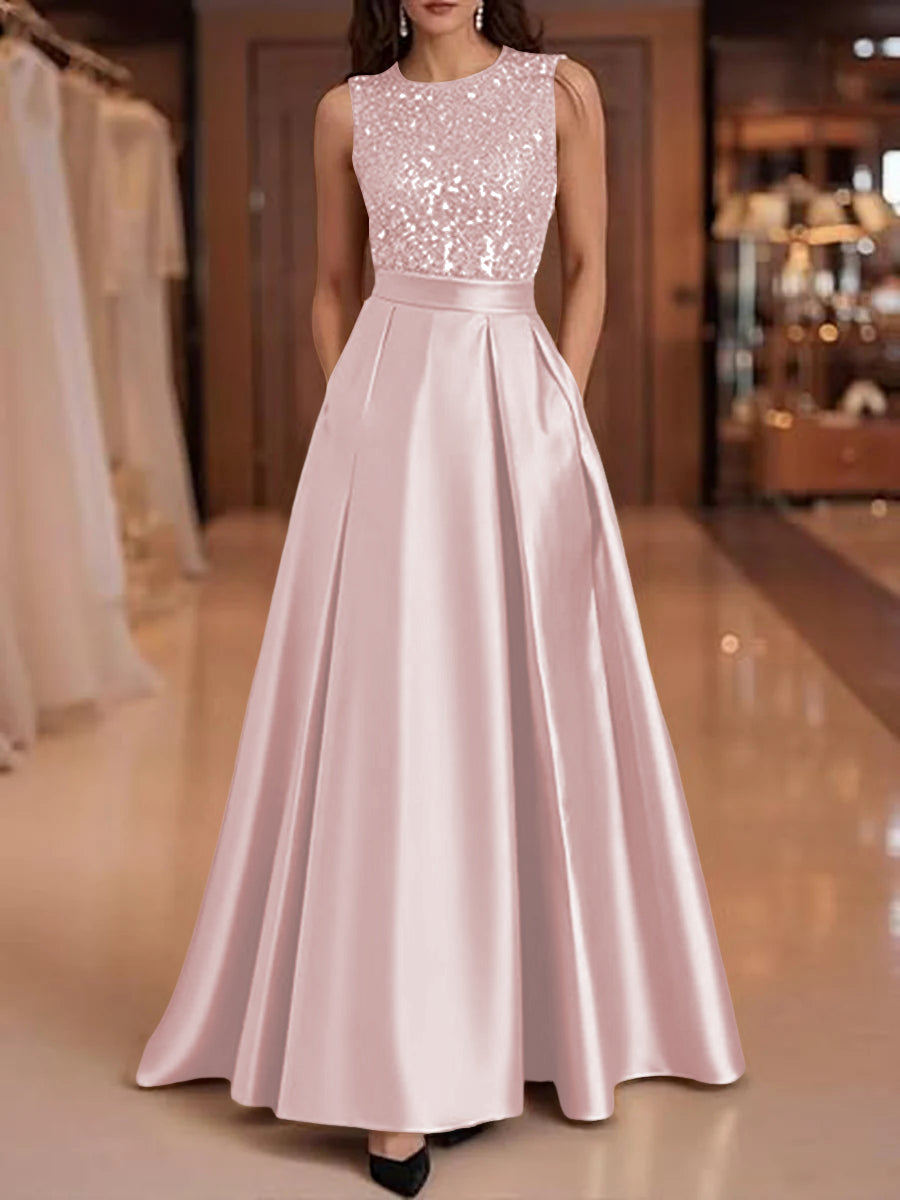 A-Line/Princess Scoop Neck Pleated Satin Evening Dresses with Sequins