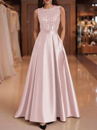 A-Line/Princess Scoop Neck Pleated Satin Evening Dresses with Sequins