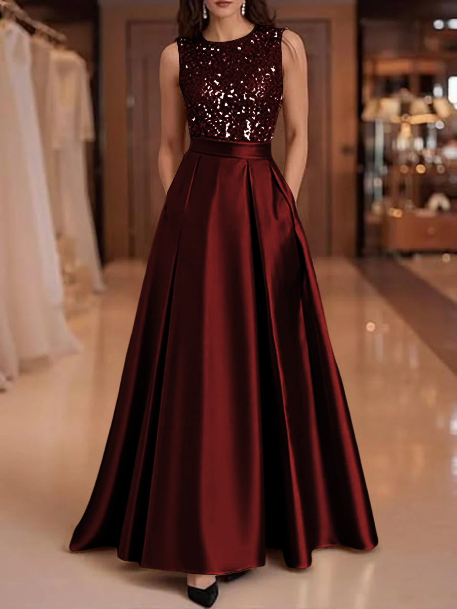A-Line/Princess Scoop Neck Pleated Satin Evening Dresses with Sequins