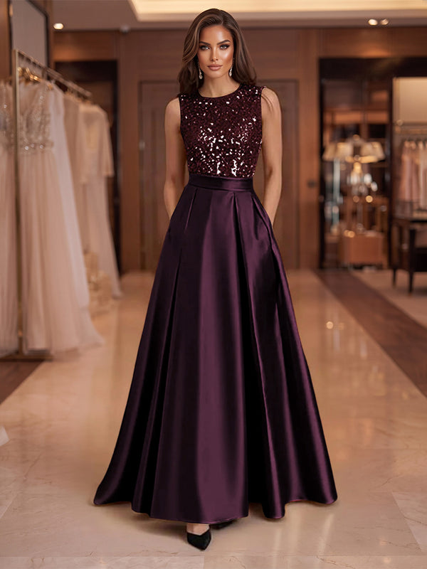 A-Line/Princess Scoop Neck Pleated Satin Evening Dresses with Sequins