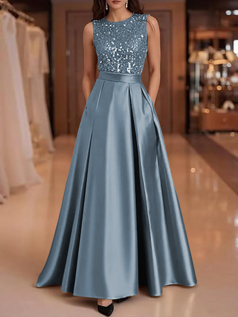 A-Line/Princess Scoop Neck Pleated Satin Evening Dresses with Sequins