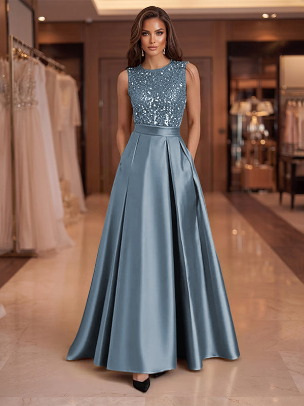 A-Line/Princess Scoop Neck Pleated Satin Evening Dresses with Sequins