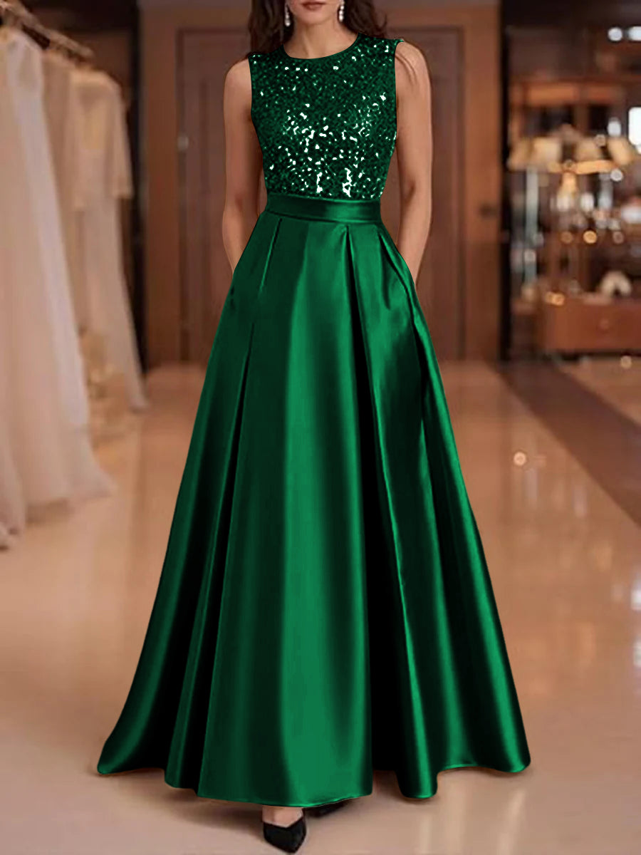 A-Line/Princess Scoop Neck Pleated Satin Evening Dresses with Sequins