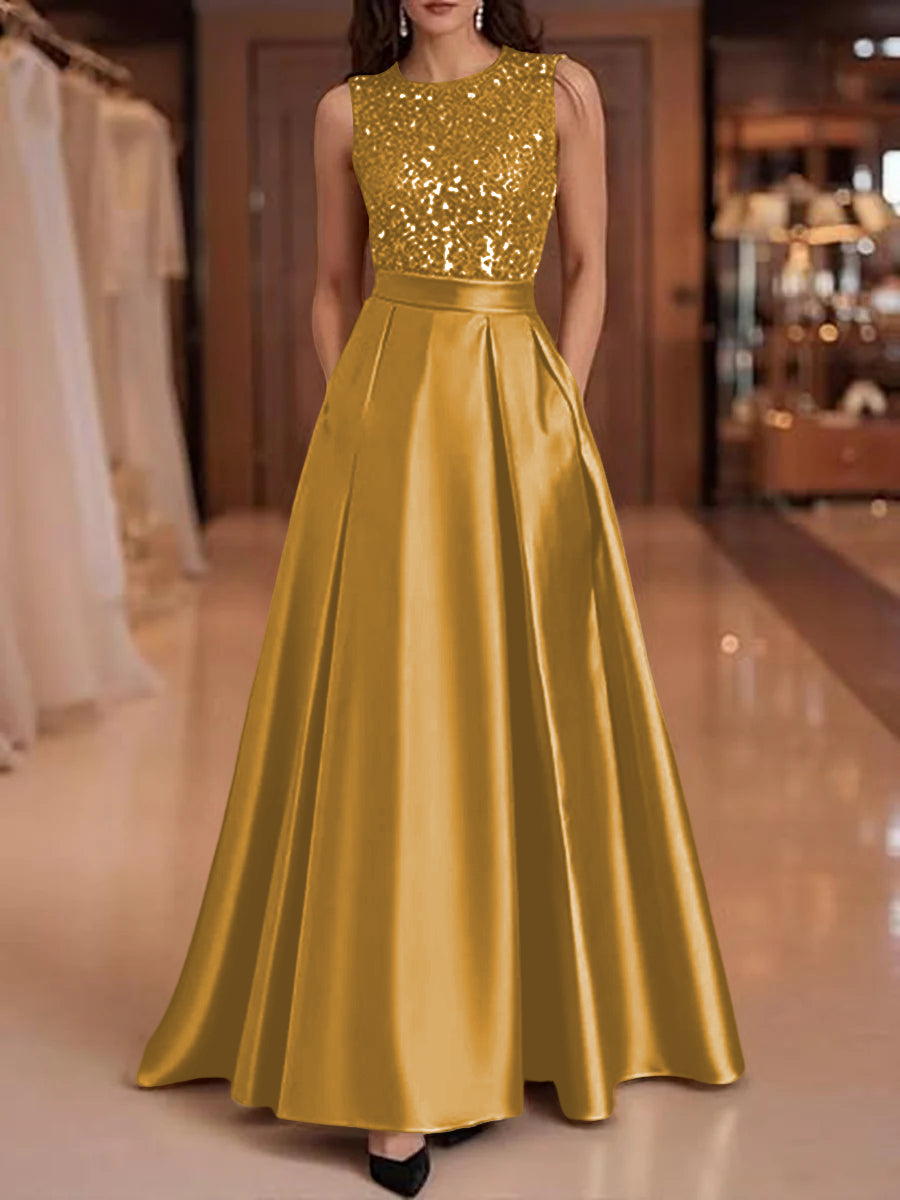 A-Line/Princess Scoop Neck Pleated Satin Evening Dresses with Sequins