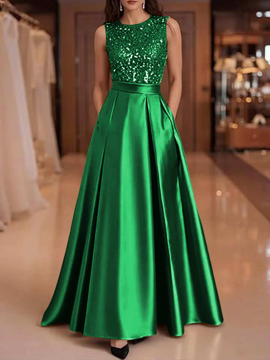 A-Line/Princess Scoop Neck Pleated Satin Evening Dresses with Sequins
