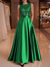 A-Line/Princess Scoop Neck Pleated Satin Evening Dresses with Sequins