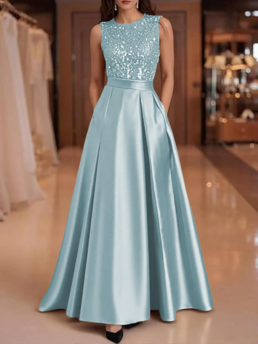 A-Line/Princess Scoop Neck Pleated Satin Evening Dresses with Sequins
