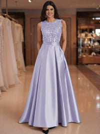 A-Line/Princess Scoop Neck Pleated Satin Evening Dresses with Sequins