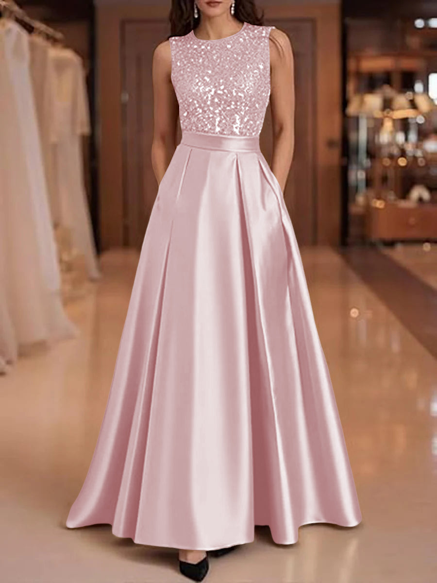 A-Line/Princess Scoop Neck Pleated Satin Evening Dresses with Sequins