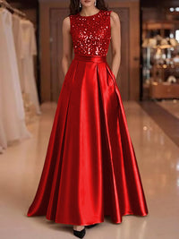 A-Line/Princess Scoop Neck Pleated Satin Evening Dresses with Sequins