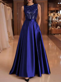 A-Line/Princess Scoop Neck Pleated Satin Evening Dresses with Sequins