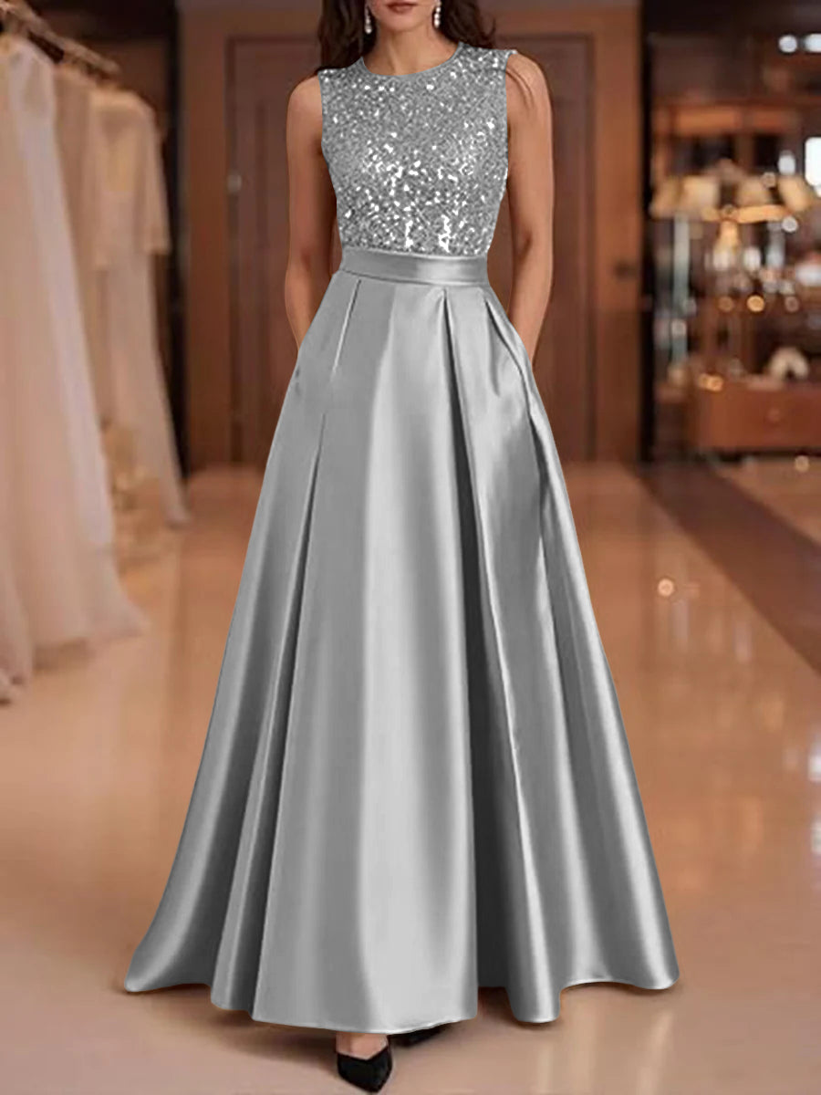 A-Line/Princess Scoop Neck Pleated Satin Evening Dresses with Sequins
