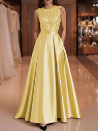 A-Line/Princess Scoop Neck Pleated Satin Evening Dresses with Sequins