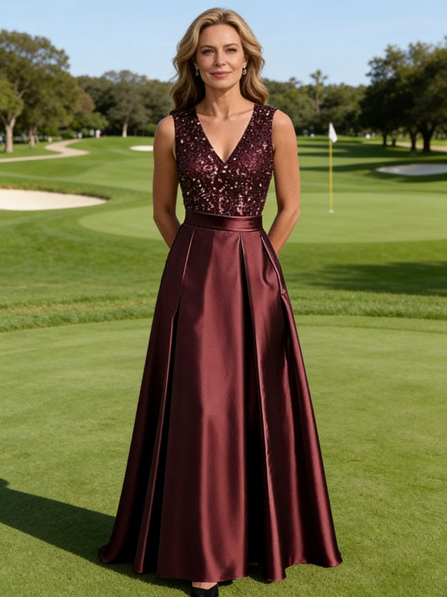 A-Line/Princess V-Neck Pleated Satin Evening Dresses Sequins Formal Gowns