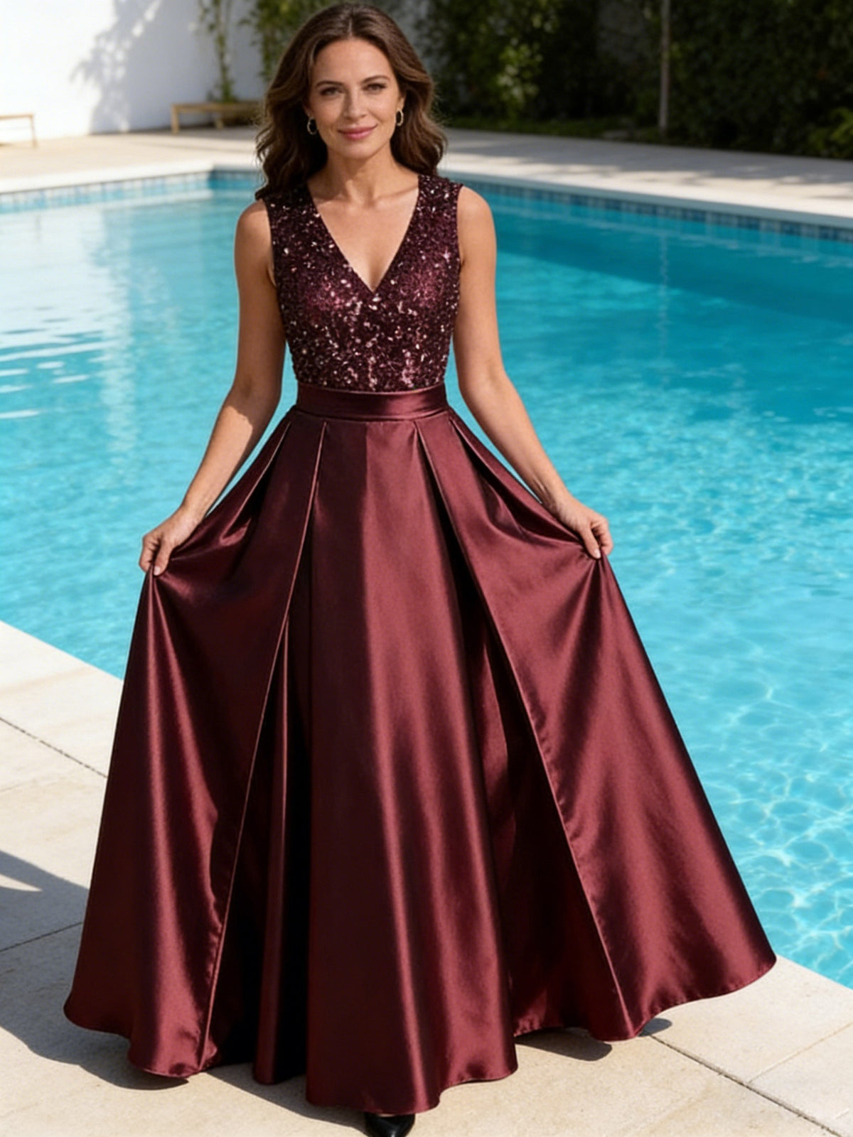 A-Line/Princess V-Neck Pleated Satin Evening Dresses Sequins Formal Gowns