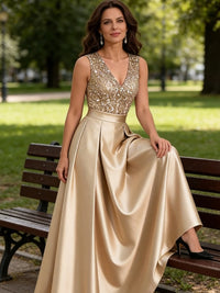 A-Line/Princess V-Neck Pleated Satin Evening Dresses Sequins Formal Gowns