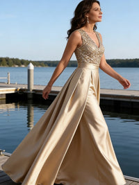 A-Line/Princess V-Neck Pleated Satin Evening Dresses Sequins Formal Gowns