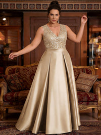 A-Line/Princess V-Neck Pleated Satin Evening Dresses Sequins Formal Gowns