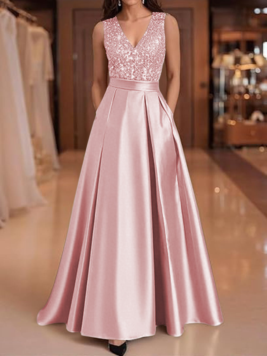 A-Line/Princess V-Neck Pleated Satin Evening Dresses Sequins Formal Gowns