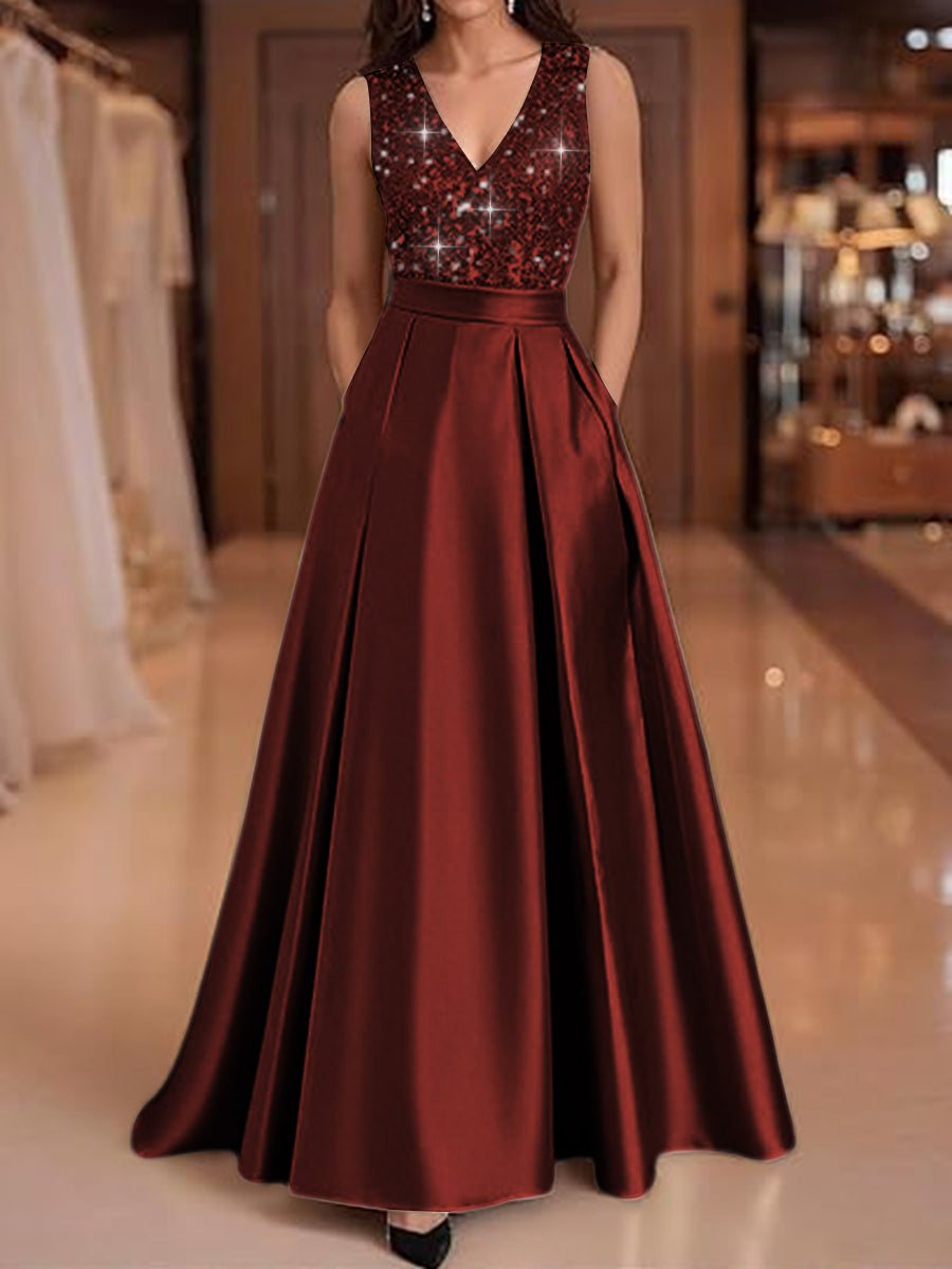 A-Line/Princess V-Neck Pleated Satin Evening Dresses Sequins Formal Gowns