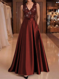 A-Line/Princess V-Neck Pleated Satin Evening Dresses Sequins Formal Gowns