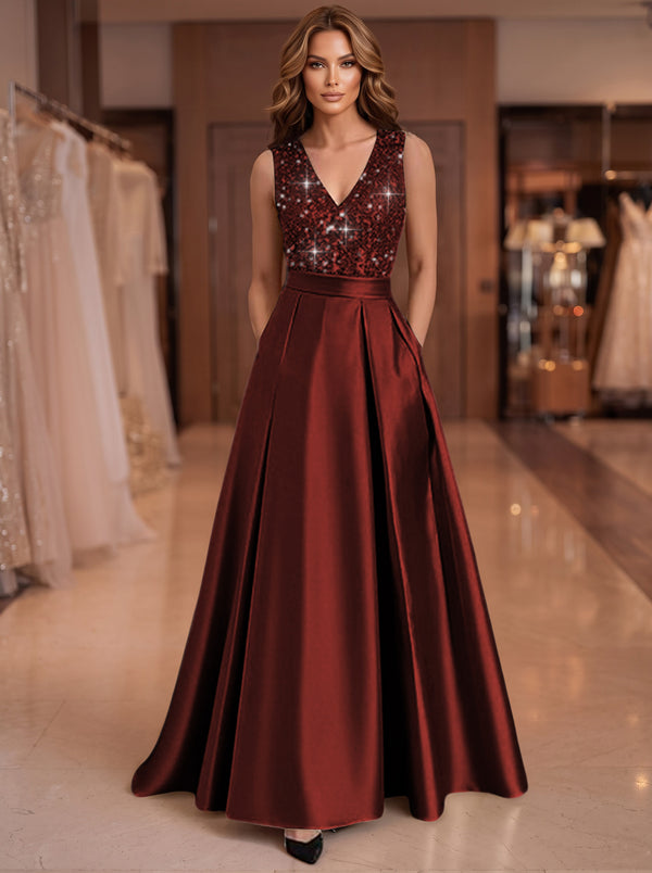 A-Line/Princess V-Neck Pleated Satin Evening Dresses Sequins Formal Gowns