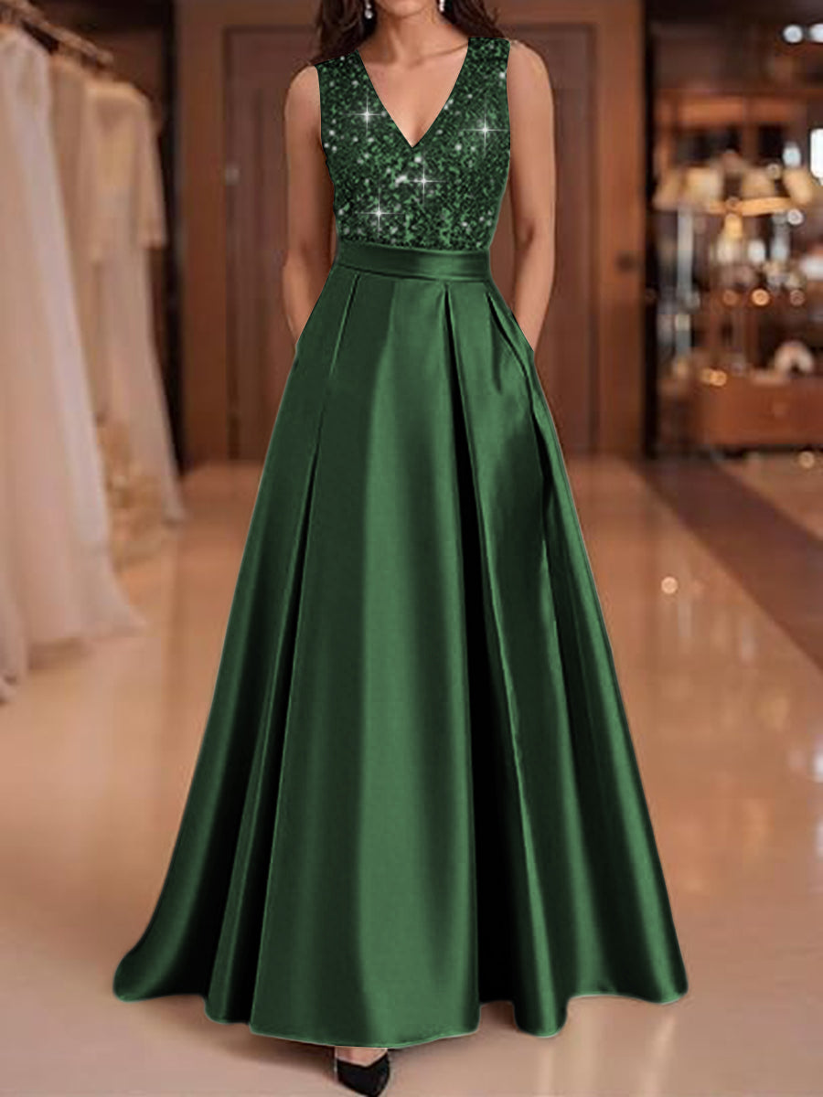 A-Line/Princess V-Neck Pleated Satin Evening Dresses Sequins Formal Gowns