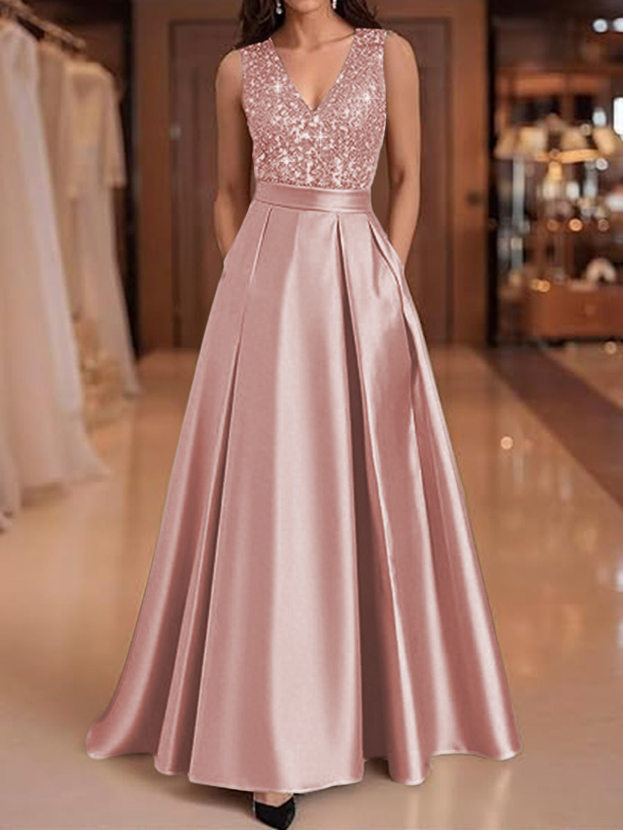 A-Line/Princess V-Neck Pleated Satin Evening Dresses Sequins Formal Gowns
