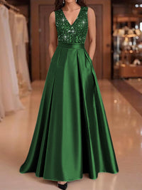 A-Line/Princess V-Neck Pleated Satin Evening Dresses Sequins Formal Gowns