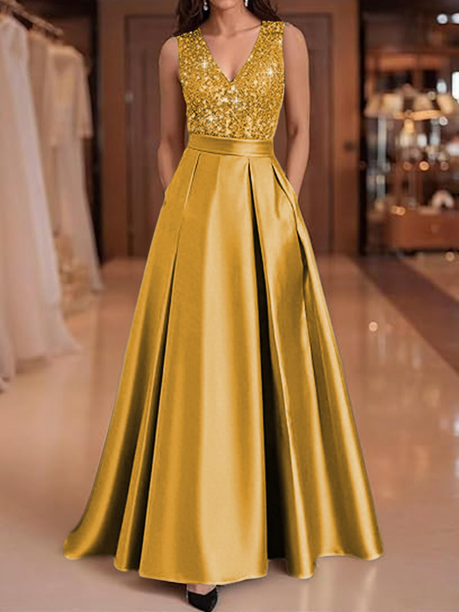 A-Line/Princess V-Neck Pleated Satin Evening Dresses Sequins Formal Gowns