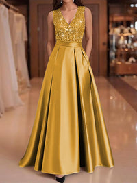 A-Line/Princess V-Neck Pleated Satin Evening Dresses Sequins Formal Gowns