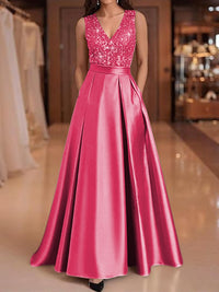 A-Line/Princess V-Neck Pleated Satin Evening Dresses Sequins Formal Gowns