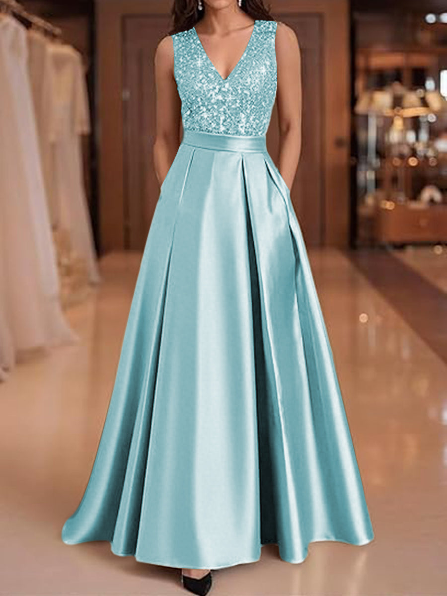 A-Line/Princess V-Neck Pleated Satin Evening Dresses Sequins Formal Gowns