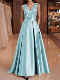 A-Line/Princess V-Neck Pleated Satin Evening Dresses Sequins Formal Gowns
