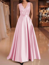 A-Line/Princess V-Neck Pleated Satin Evening Dresses Sequins Formal Gowns