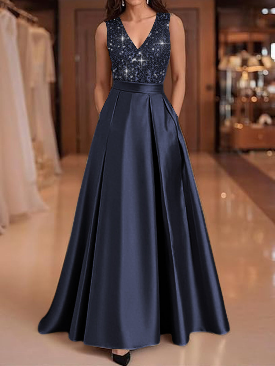 A-Line/Princess V-Neck Pleated Satin Evening Dresses Sequins Formal Gowns