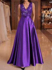 A-Line/Princess V-Neck Pleated Satin Evening Dresses Sequins Formal Gowns