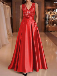 A-Line/Princess V-Neck Pleated Satin Evening Dresses Sequins Formal Gowns