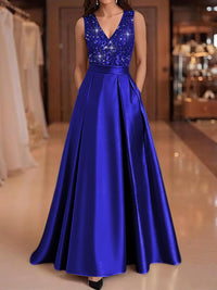 A-Line/Princess V-Neck Pleated Satin Evening Dresses Sequins Formal Gowns
