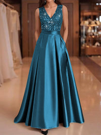 A-Line/Princess V-Neck Pleated Satin Evening Dresses Sequins Formal Gowns