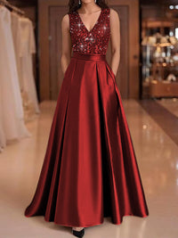 A-Line/Princess V-Neck Pleated Satin Evening Dresses Sequins Formal Gowns