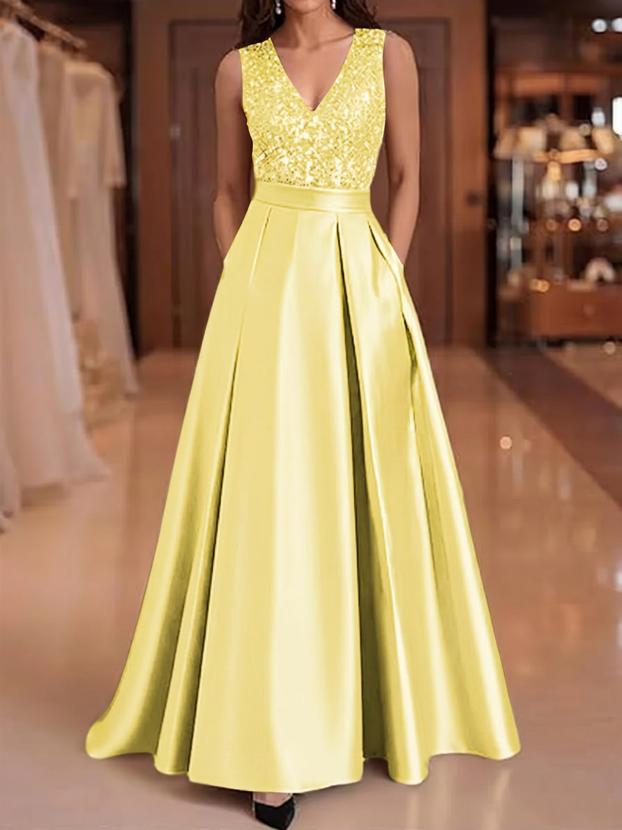 A-Line/Princess V-Neck Pleated Satin Evening Dresses Sequins Formal Gowns
