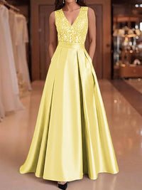 A-Line/Princess V-Neck Pleated Satin Evening Dresses Sequins Formal Gowns